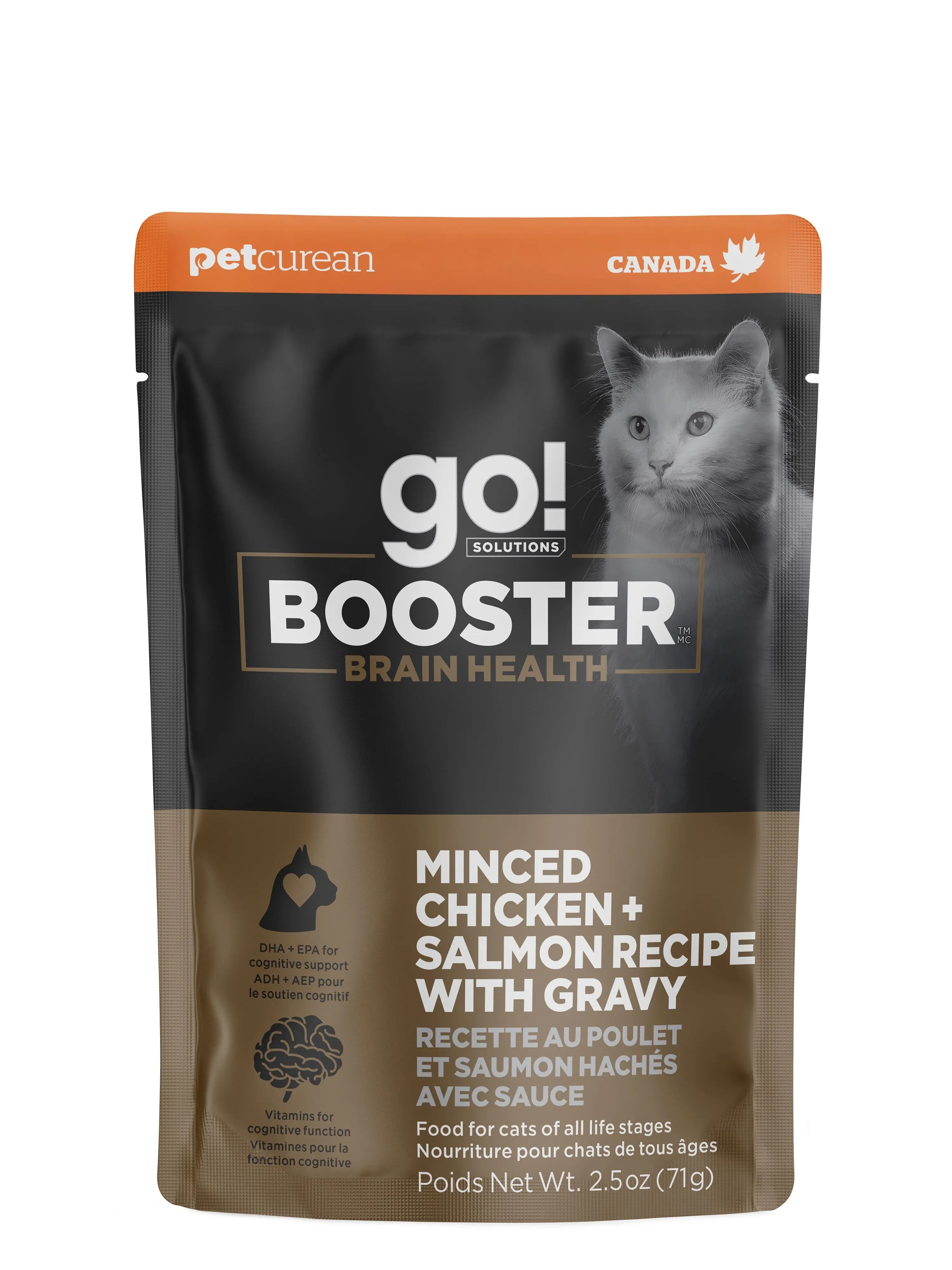 Petcurean Go! Booster pour Chat Santé Cérébrale Poulet + Saumon Hachés avec Sauce 71g