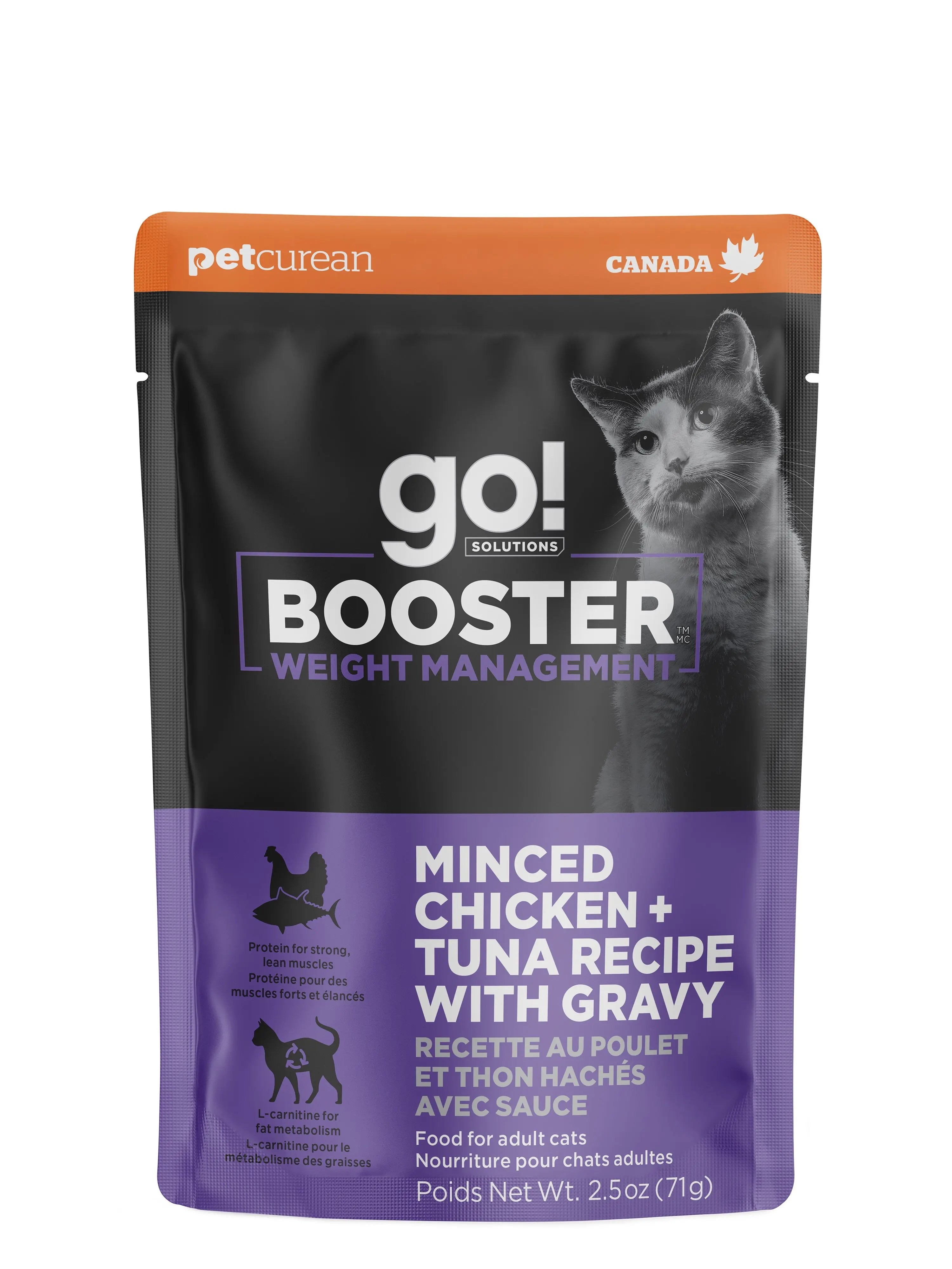 Petcurean Go! Booster pour Chat Contrôle du Poids Poulet + Thon Hachés avec Sauce 71g