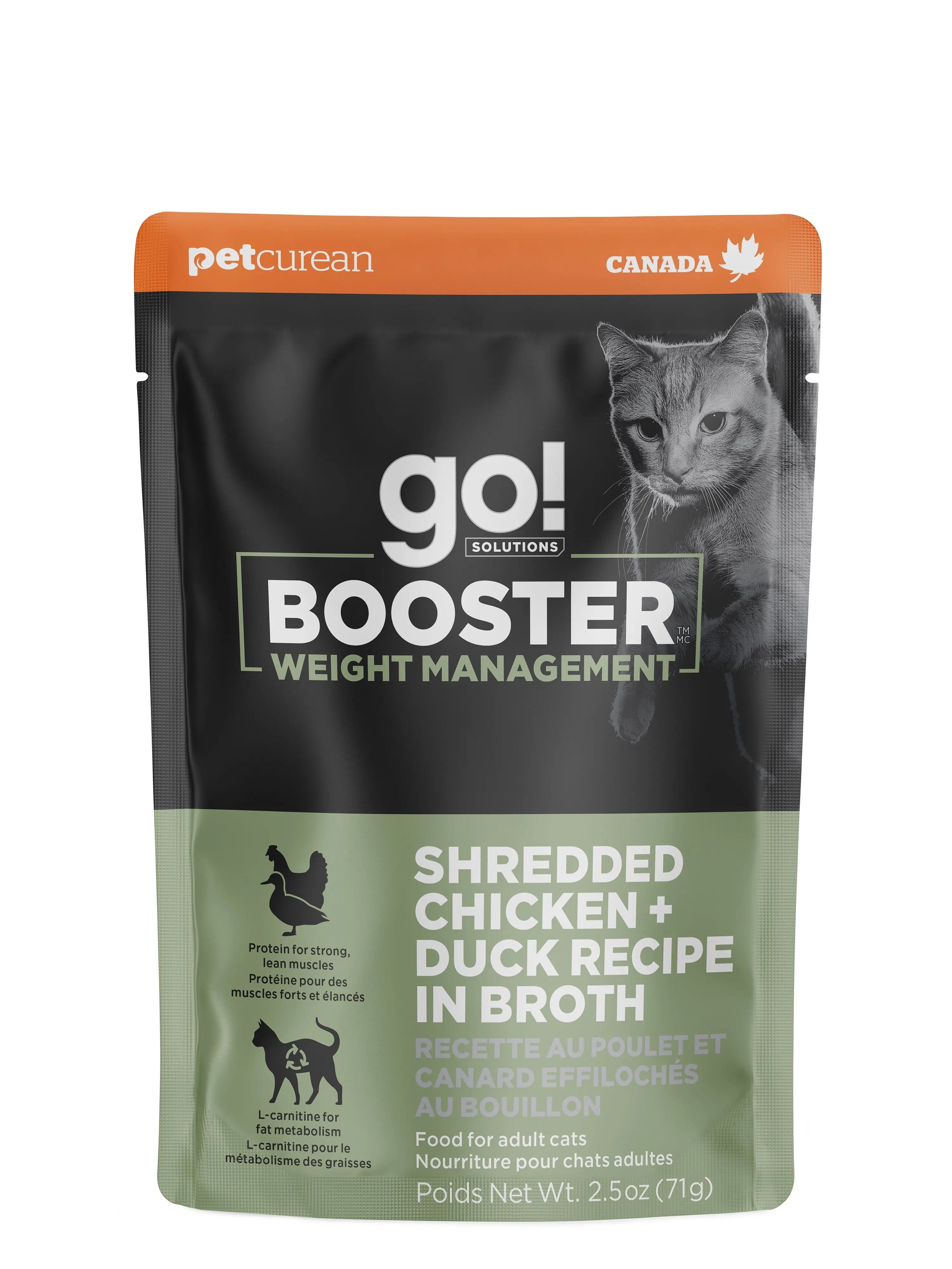 Petcurean Go! Booster pour Chat Contrôle du Poids Poulet Effiloché + Canard au Bouillon 71g