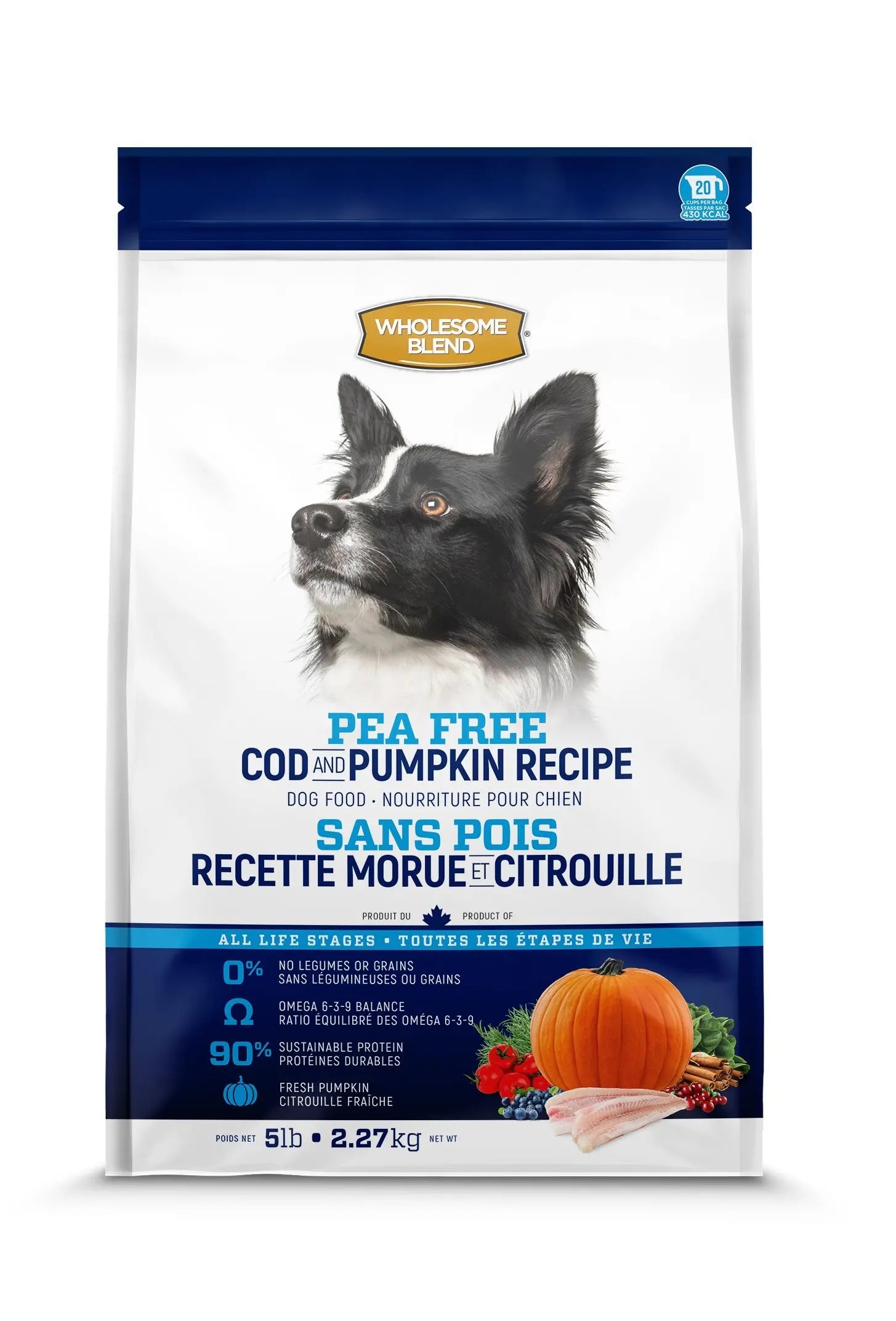 Wholesome Blend Sans Pois Morue et Citrouille Pour Chien 5lb / 2.27kg